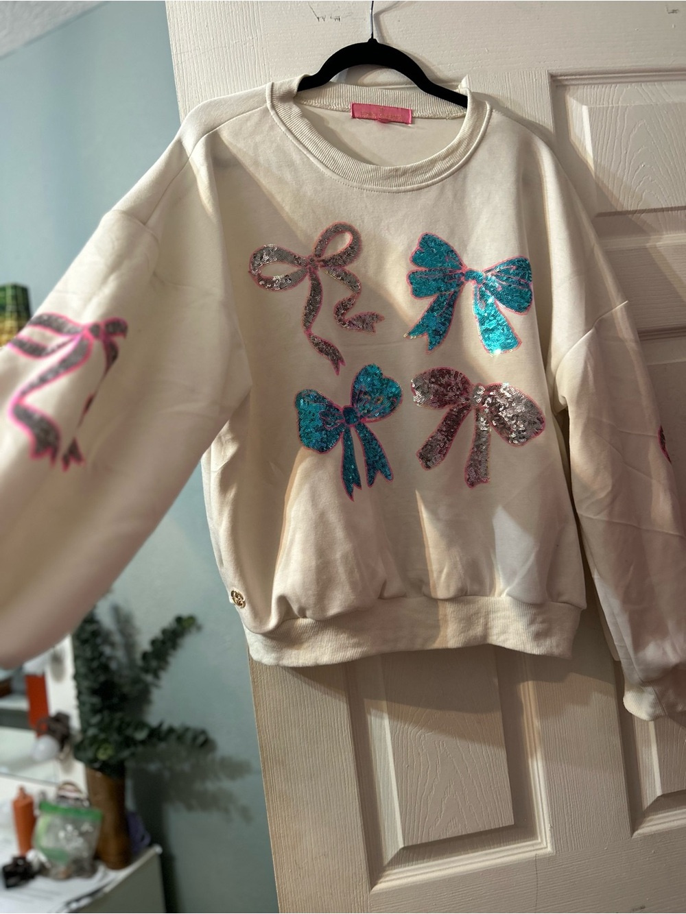 Simply Southern Cream Sweatshirt with Teal and Pink Sequin Bows